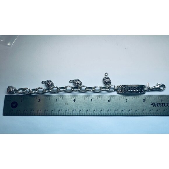 Estate Sterling Silver 925 "Blessed" Bracelet, 8” Length, Designer Sarda Scroll - Picture 6 of 10